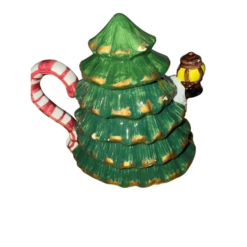 Santa‎ Claus Christmas Teapot with Tree & Gifts Ceramic Festive Decor small chip